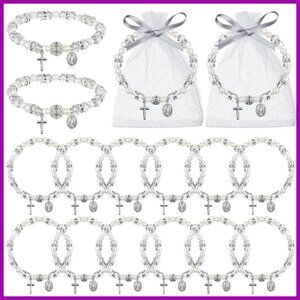 Religious Rosary Bracelet Bulk Set with Mesh Bags, Adjustable Stretch